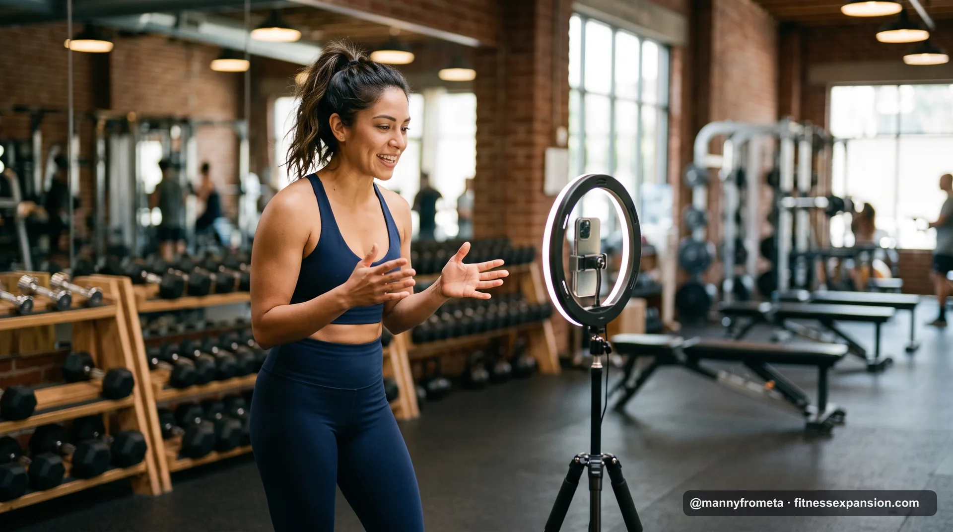 Coach fitness latina grabando un video vertical para anuncios en Instagram dentro de un gimnasio