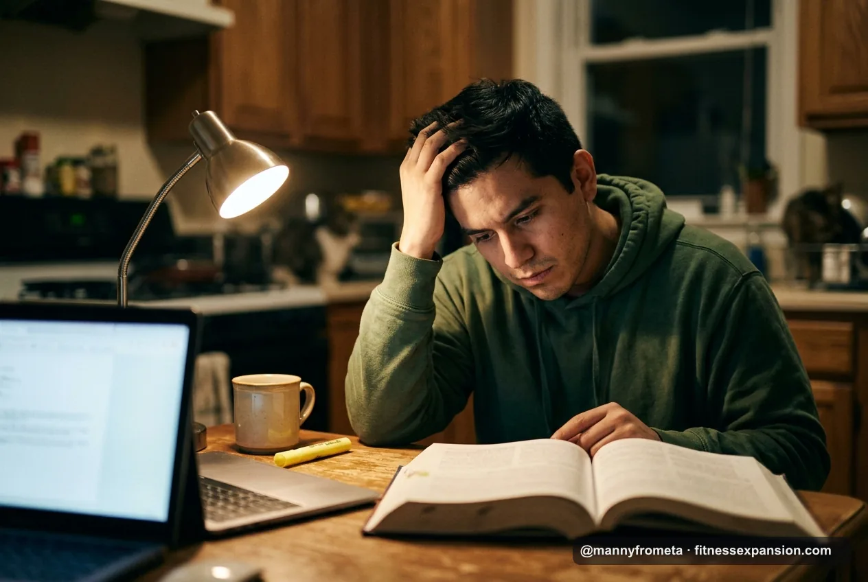 Entrenador latino estudiando para su certificación de entrenador personal en español desde casa
