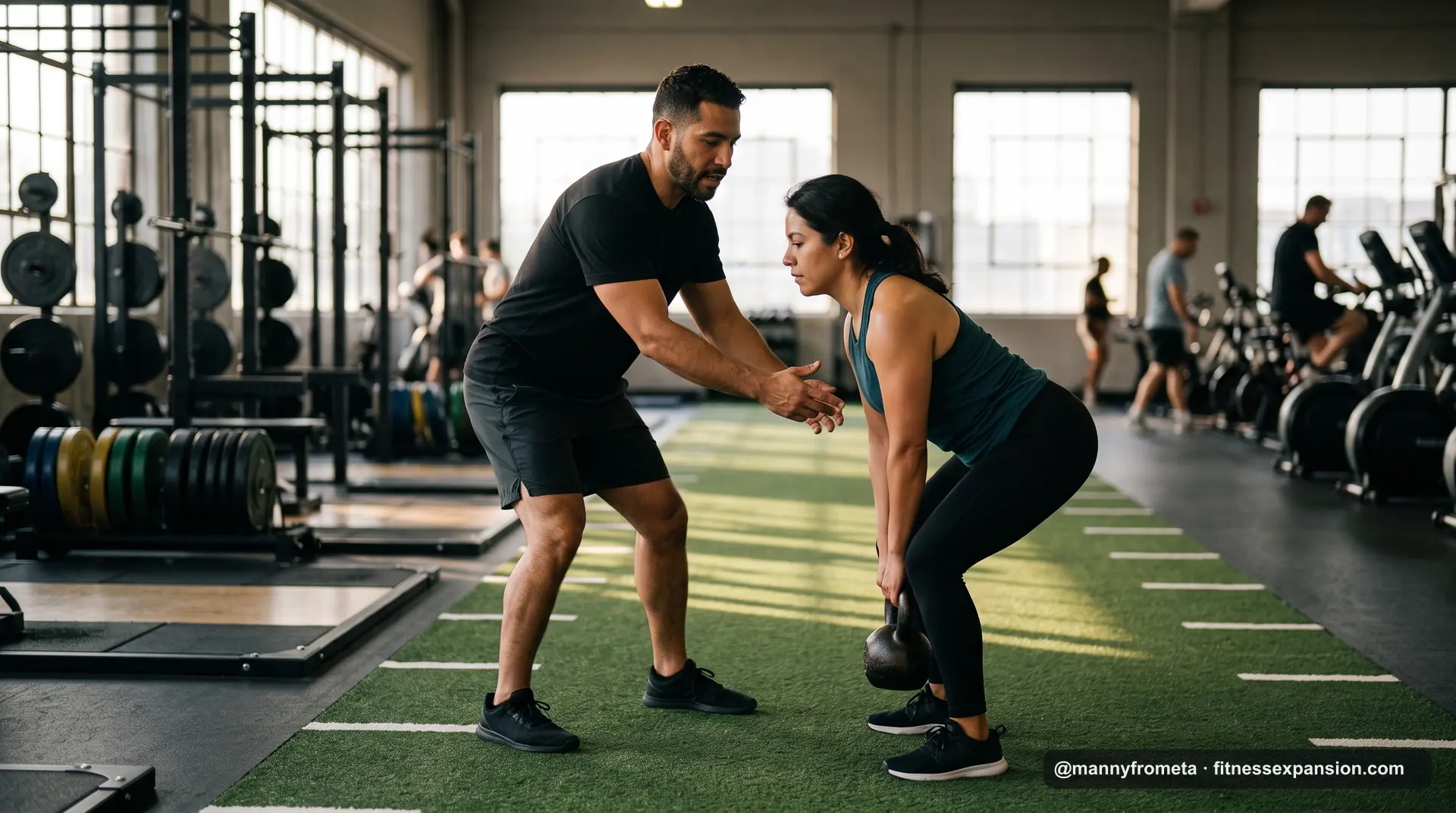Coach fitness latino entrenando a una clienta en un gimnasio de Estados Unidos, programa Fitness Expansion de Manuel Frometa