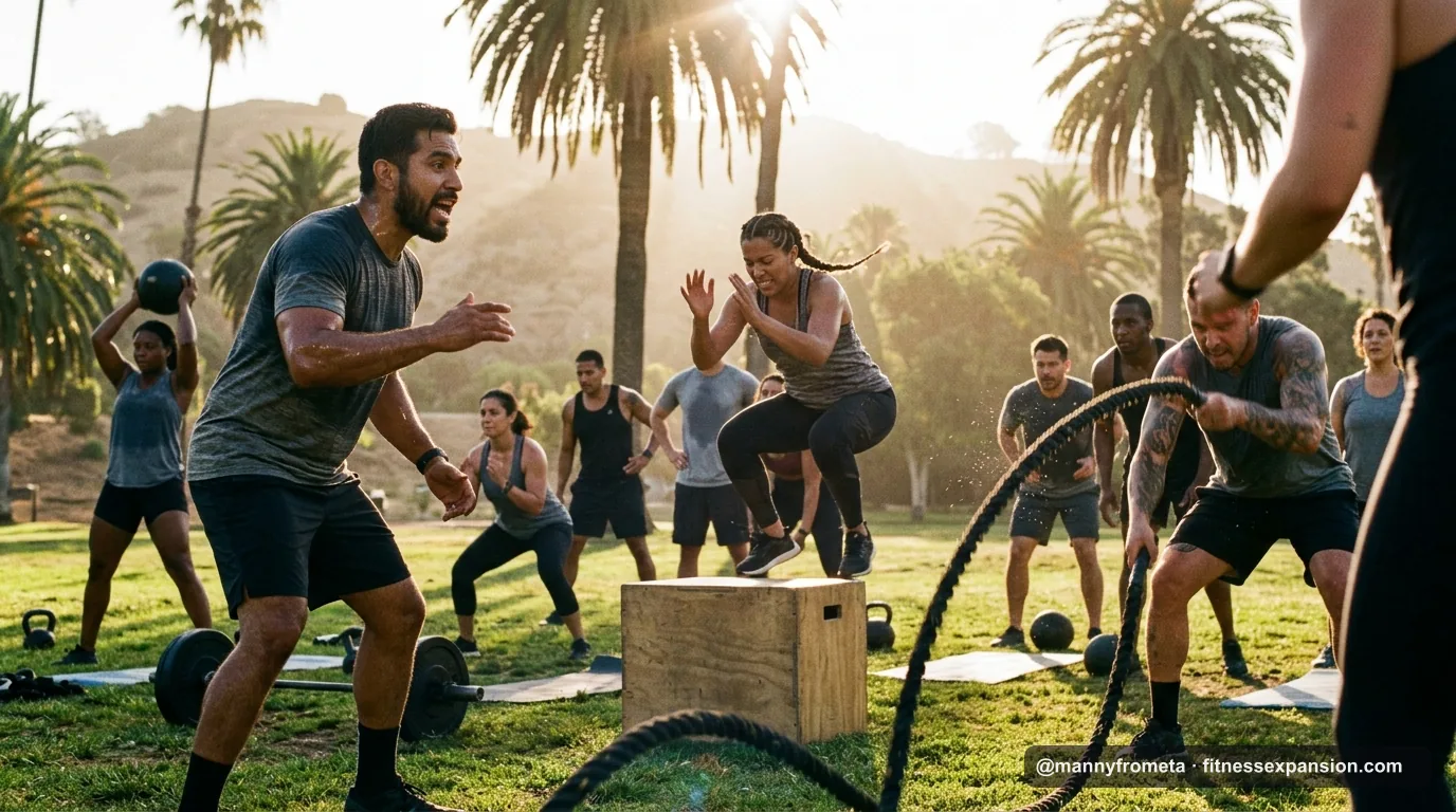 Grupo de entrenadores latinos dirigiendo un bootcamp al aire libre en un parque de Los Ángeles