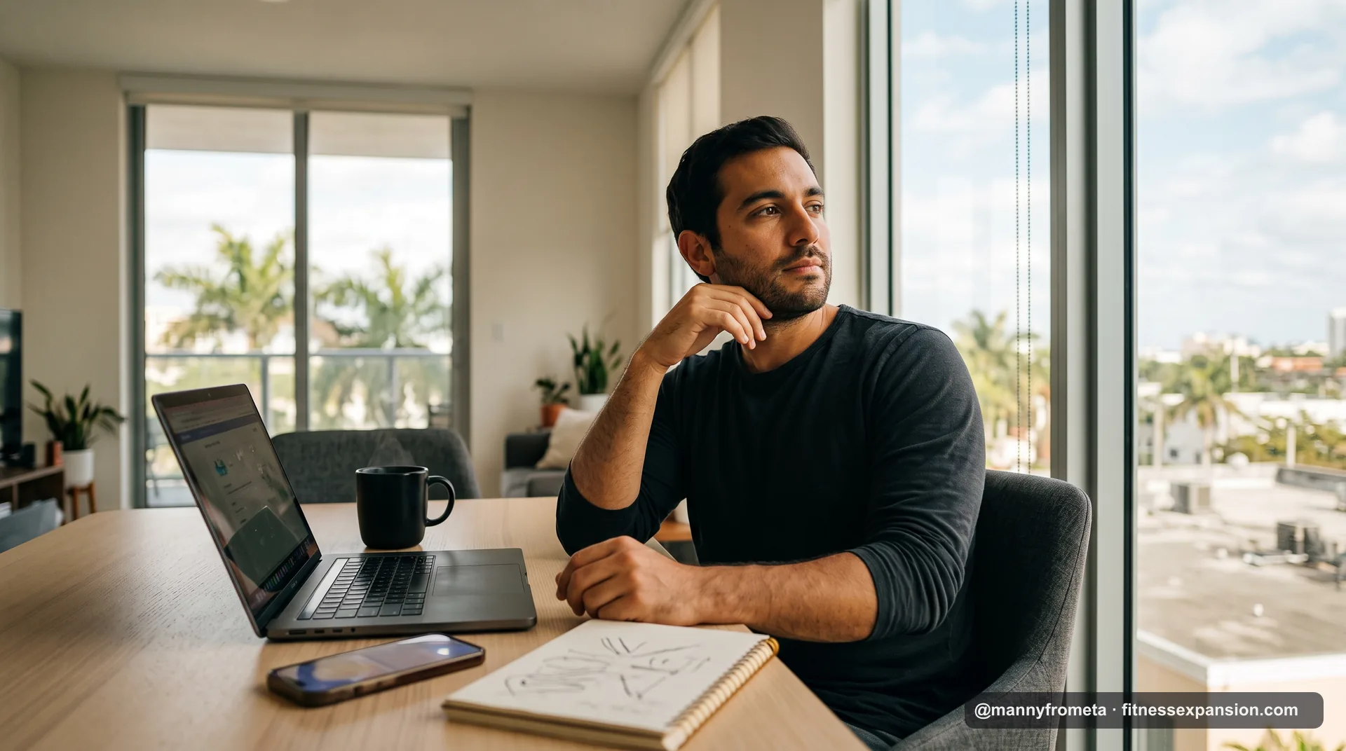 Entrenador personal latino revisando los números de su negocio de coaching fitness desde su apartamento en Miami