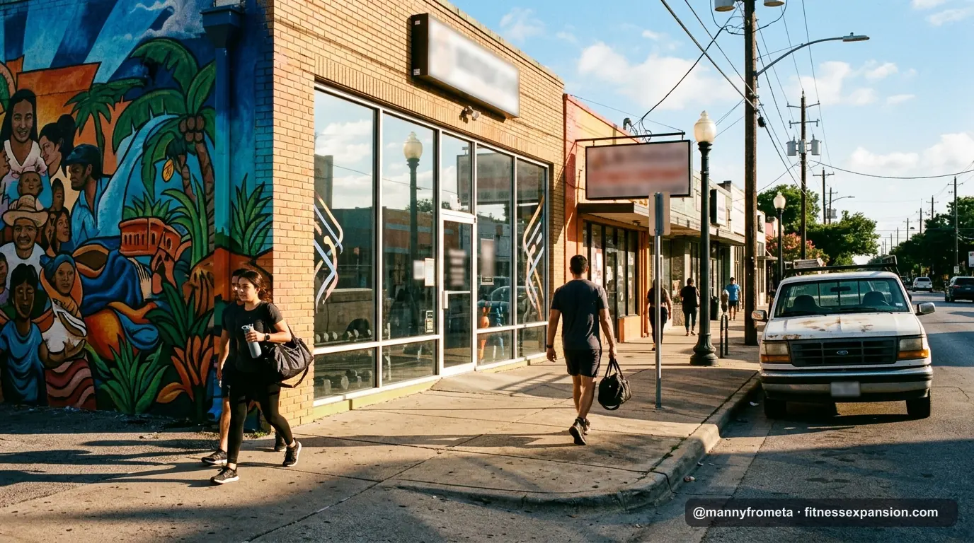 Fachada de un gimnasio boutique en un barrio hispano de Estados Unidos al amanecer