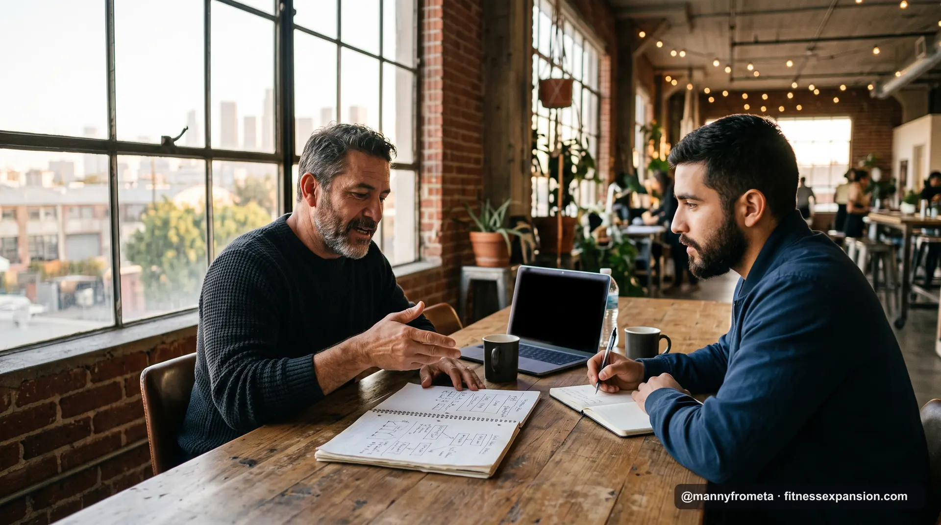Dos coaches fitness latinos en una sesión de mentoría de negocio con laptop y cuaderno